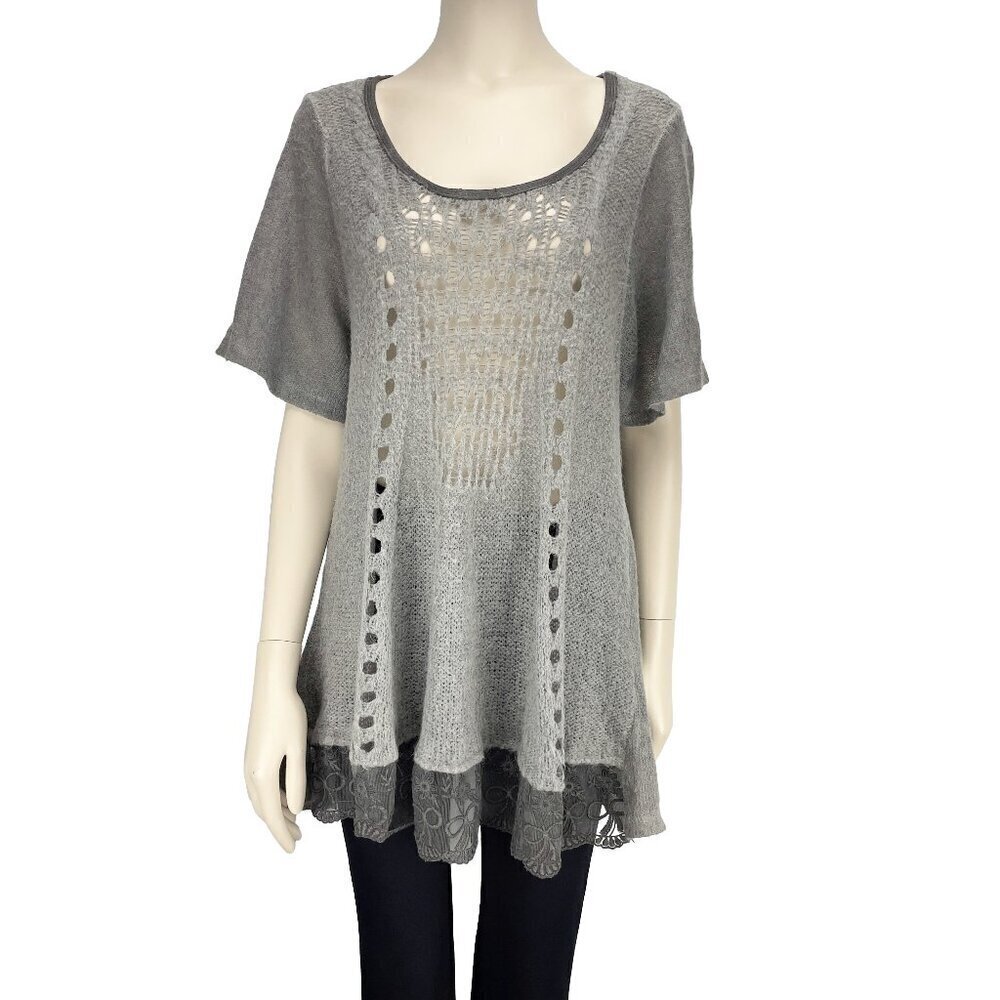 Wool Open Work Crochet Round neck Grey short‎ sleeves Sweater Dress Tunic sz ML